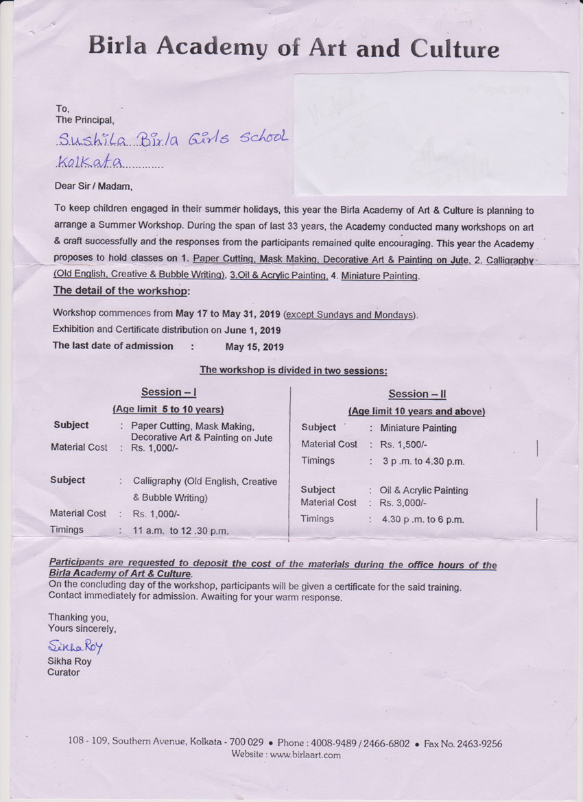 Notice No.21/201920 Sushila Birla Girls's School